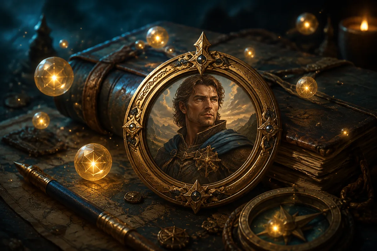 a heroic portrait medallion beside a travel journal and warm golden experience motes