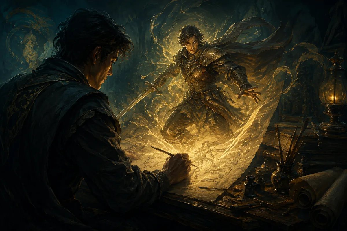 a character creator sketches a hero that emerges from a luminous parchment