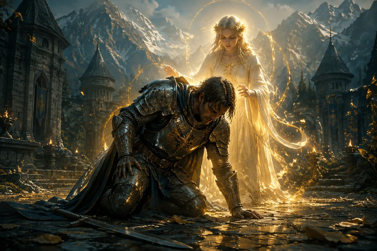 a fallen knight rising surrounded by healing golden light in an alpine castle courtyard