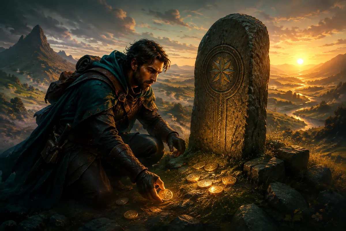 an adventurer collecting glowing golden tokens at dawn beside an ancient milestone