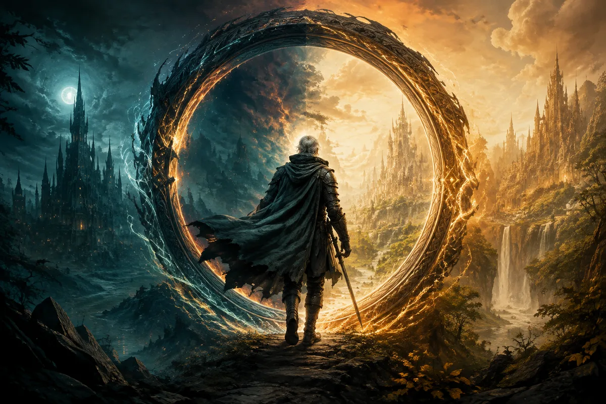 a seasoned hero stepping between two distinct fantasy worlds through a circular portal