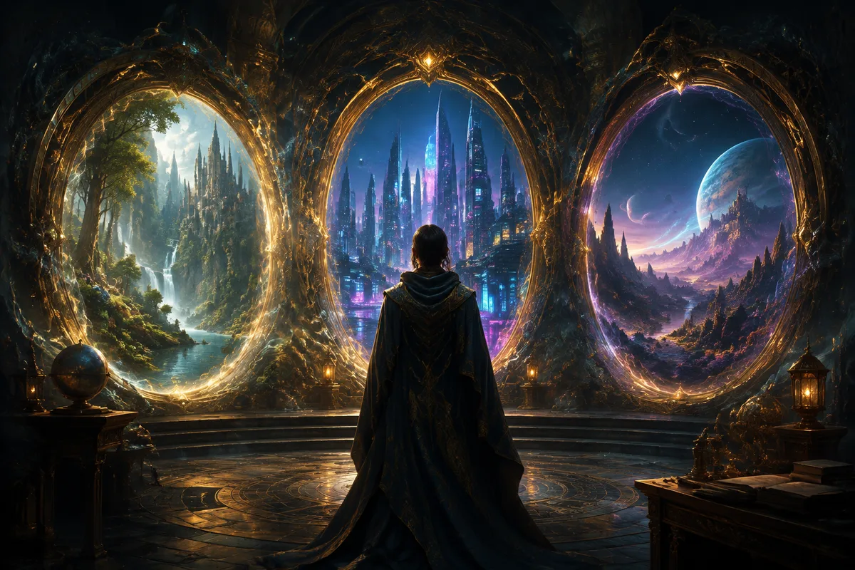 three portals reveal a forest kingdom a neon city and a distant alien world