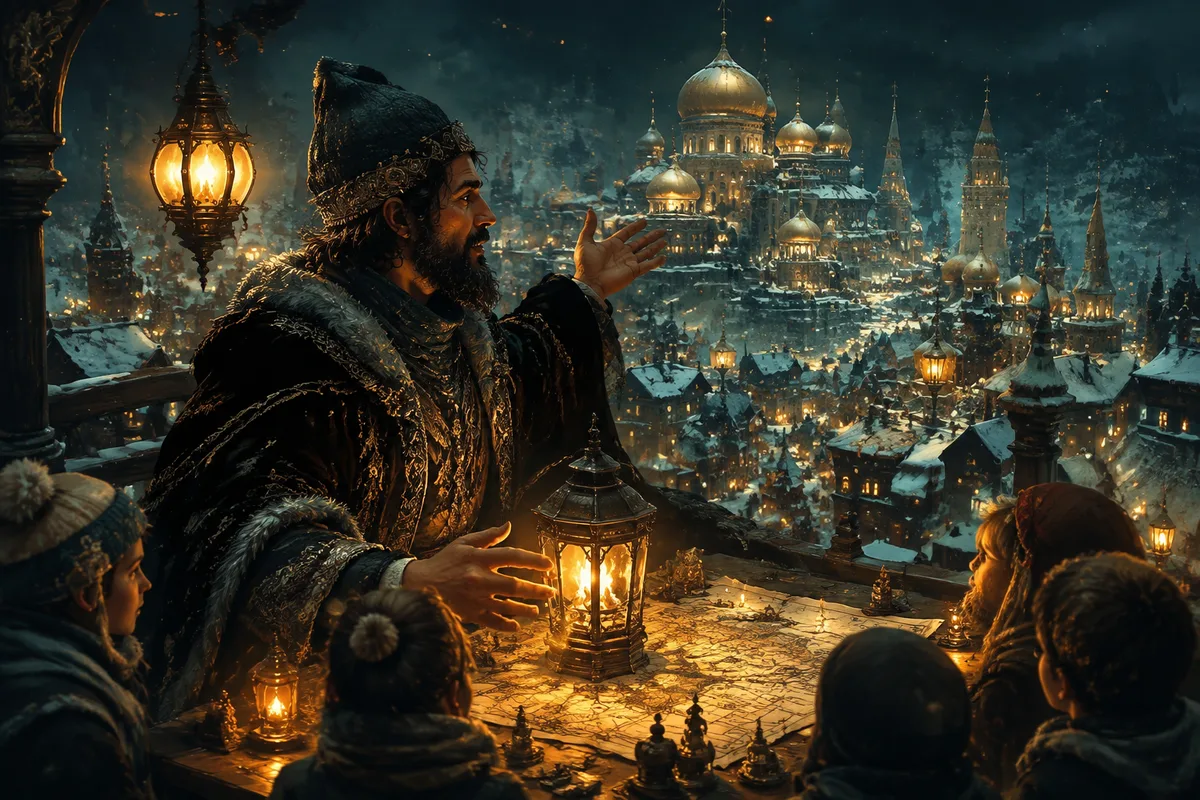 a storyteller at a snowy onion-domed fantasy city with warm lanterns, no real flags