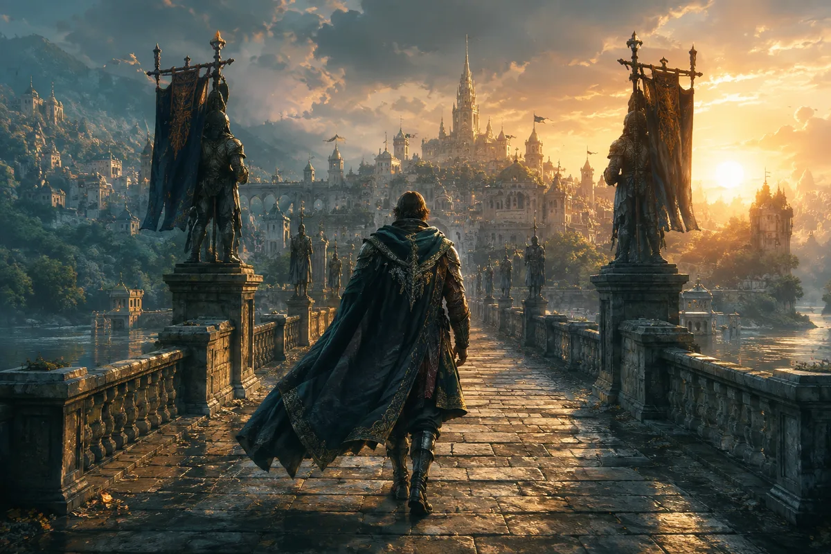 a heroic cloaked champion returning across a rebuilt stone bridge at dawn