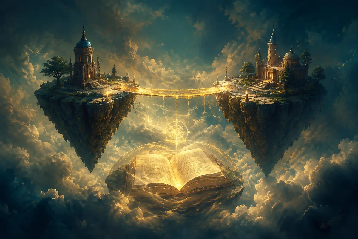two floating stone islands linked by a luminous bridge, a glowing protected storybook beneath clouds