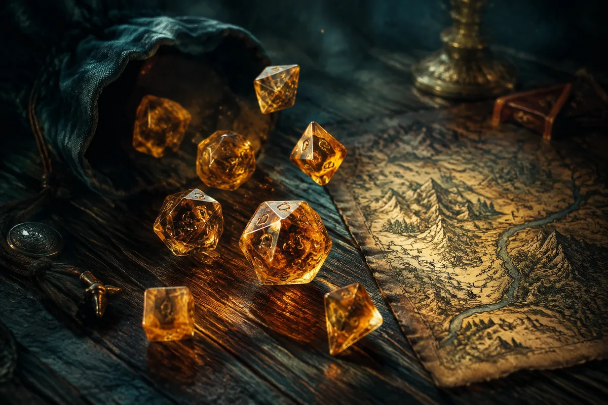 beautiful translucent amber polyhedral dice tumbling onto a dark wooden tabletop beside a fantasy map
