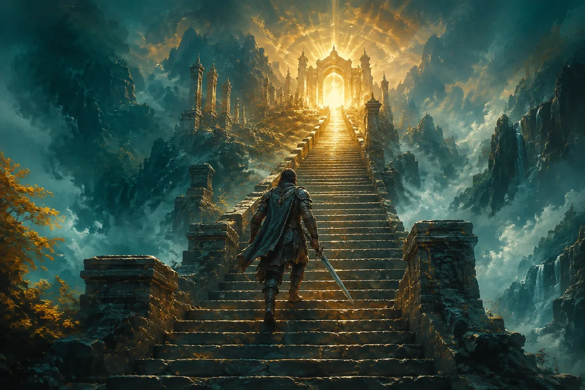 a warrior climbing a staircase of ancient stone toward a radiant summit