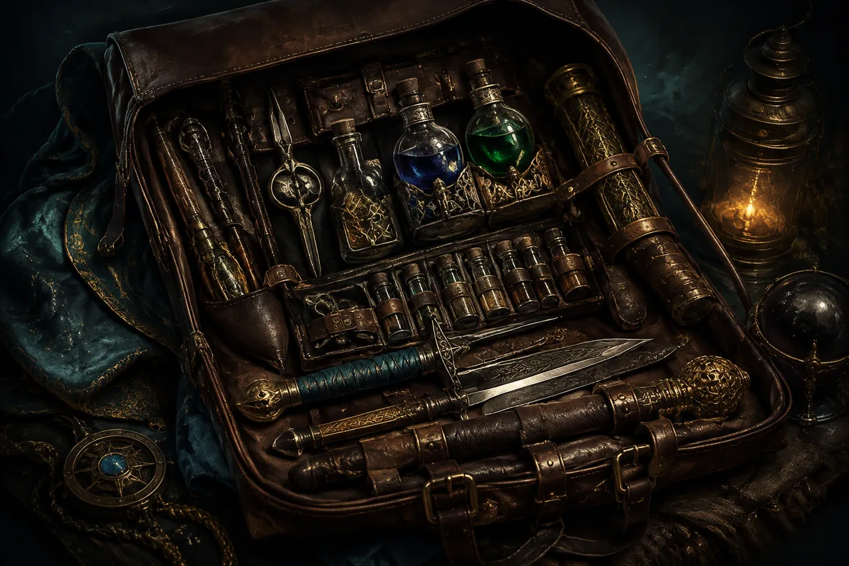 neatly arranged potions tools and weaponry in an adventurer's leather travel pack