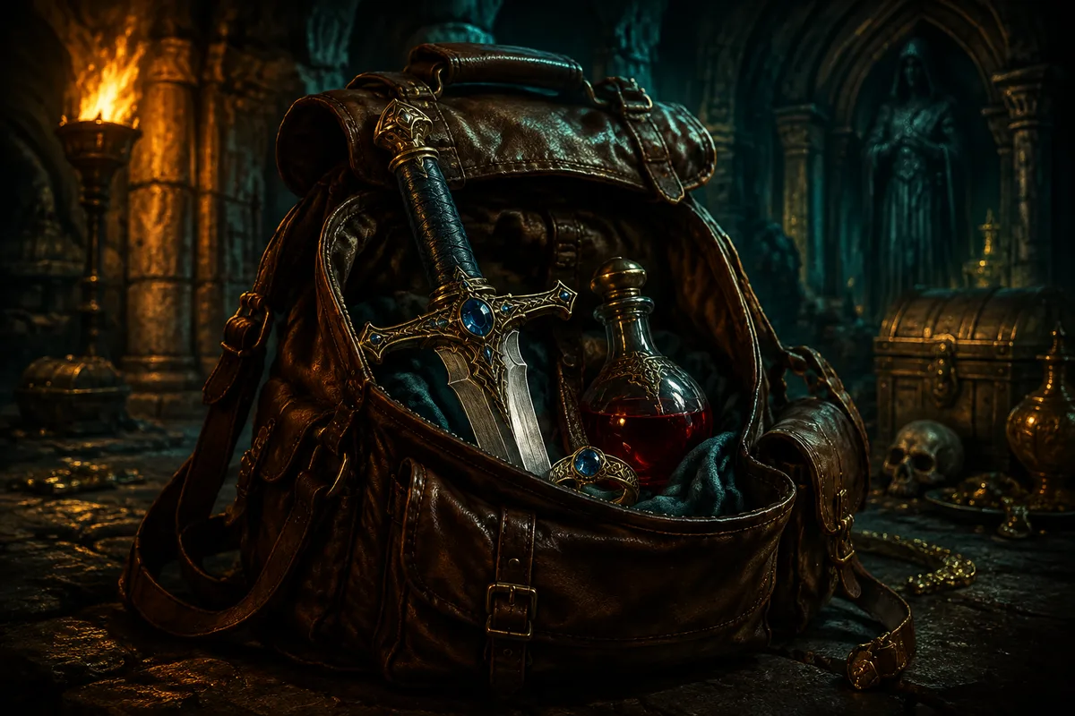 an open leather adventurer backpack with a jeweled sword, potion and engraved ring in a torchlit vault