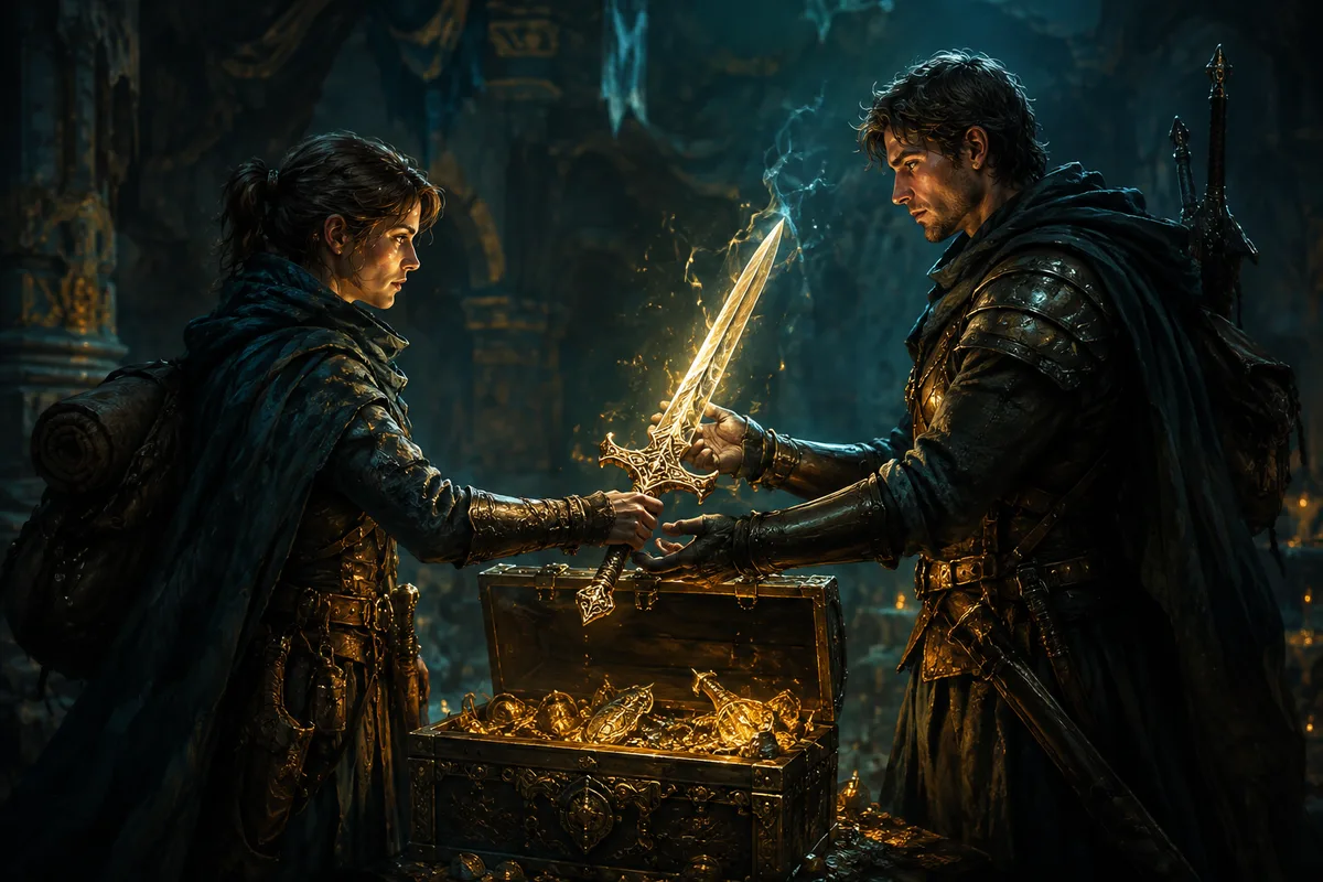 two adventurers exchanging an enchanted sword above a treasure chest