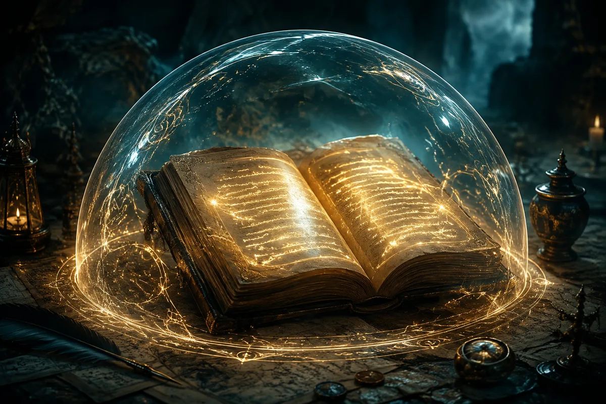 a glowing handwritten journal protected by a translucent magical shield, unreadable abstract writing