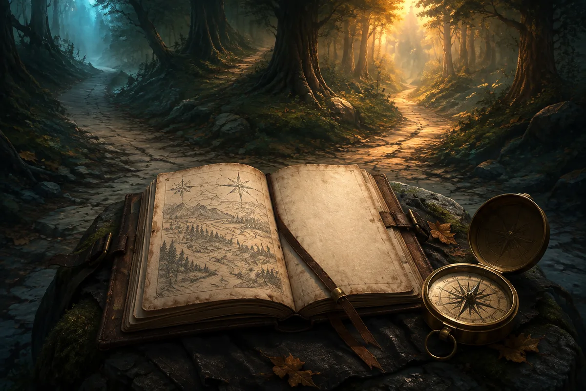 an open quest journal and compass at a fork in a forest path, distant branching trails