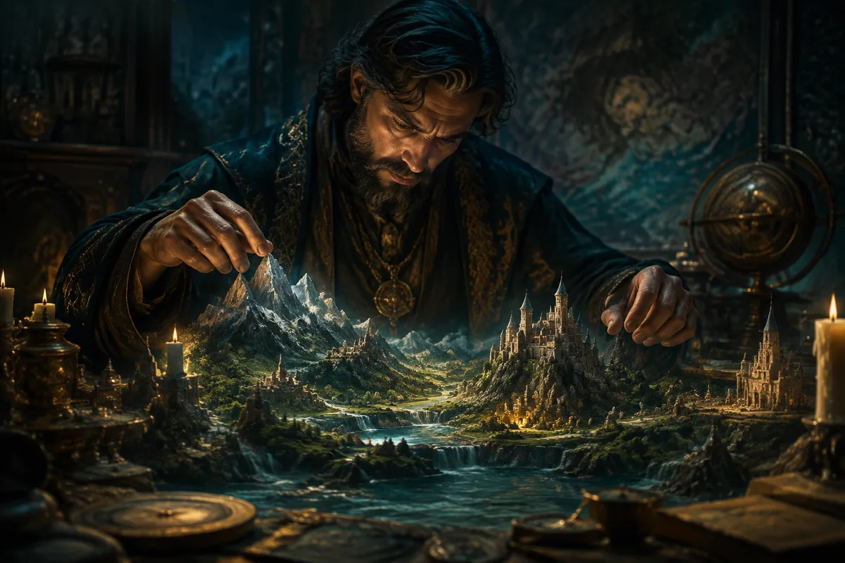 a worldbuilder crafting a miniature enchanted valley with mountains and castles on a table