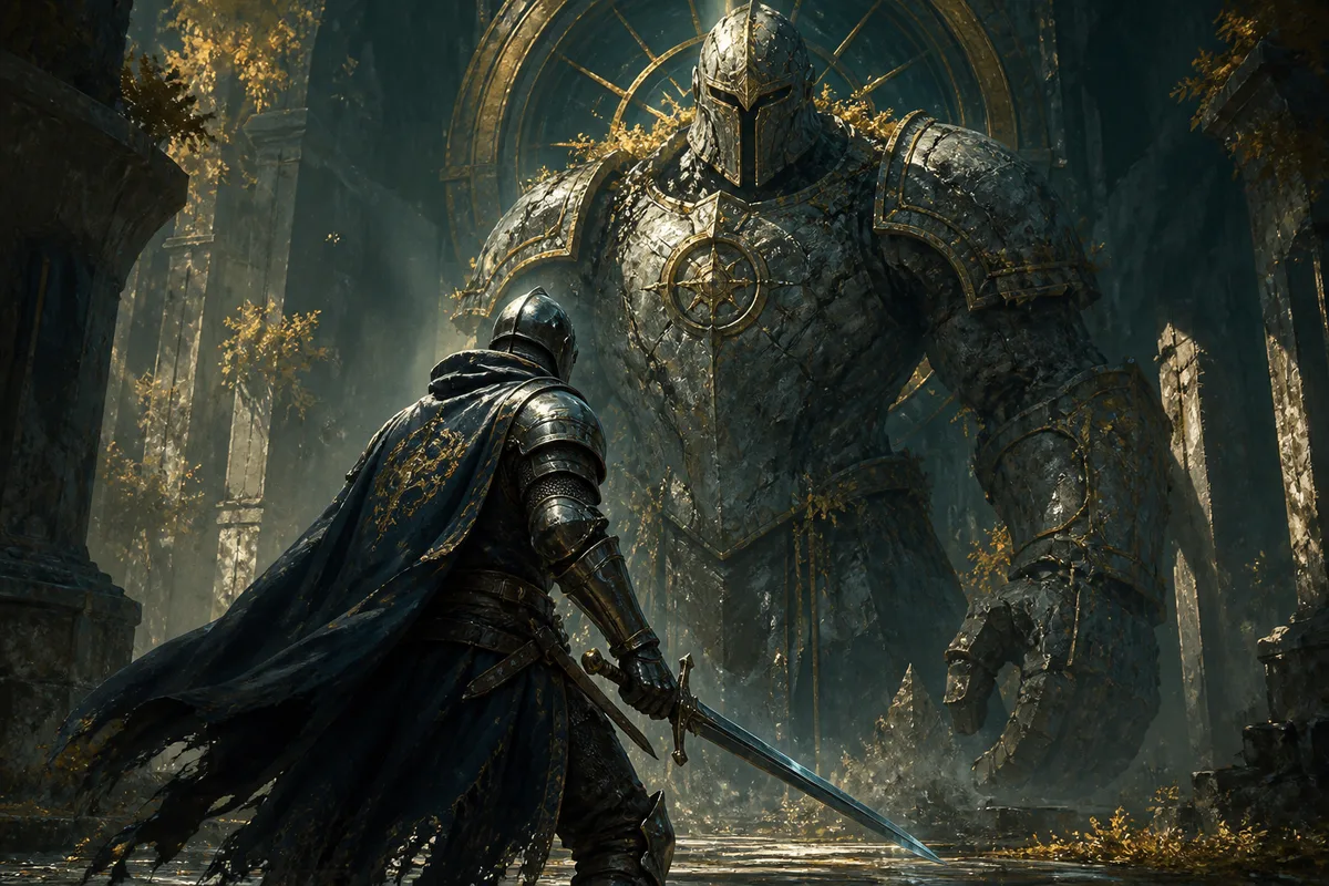 a brave knight drawing a sword before a towering stone guardian, tense standoff no gore