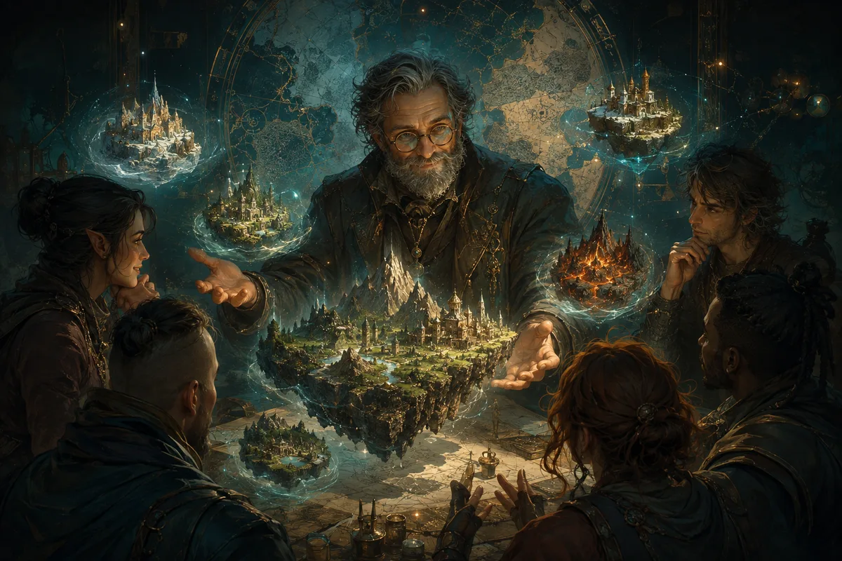 a cartographer sharing floating miniature fantasy worlds with other creators
