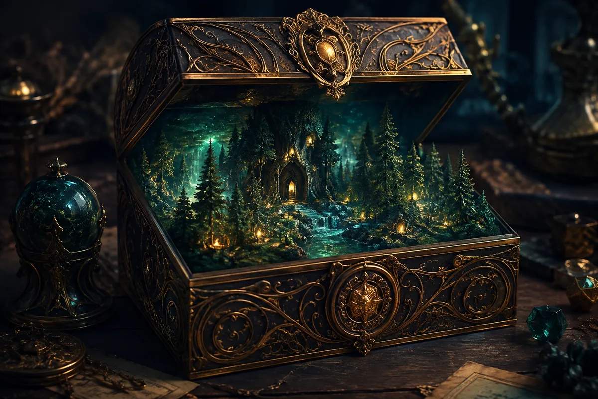 a mysterious ornate puzzle box opening to reveal a magical forest miniature