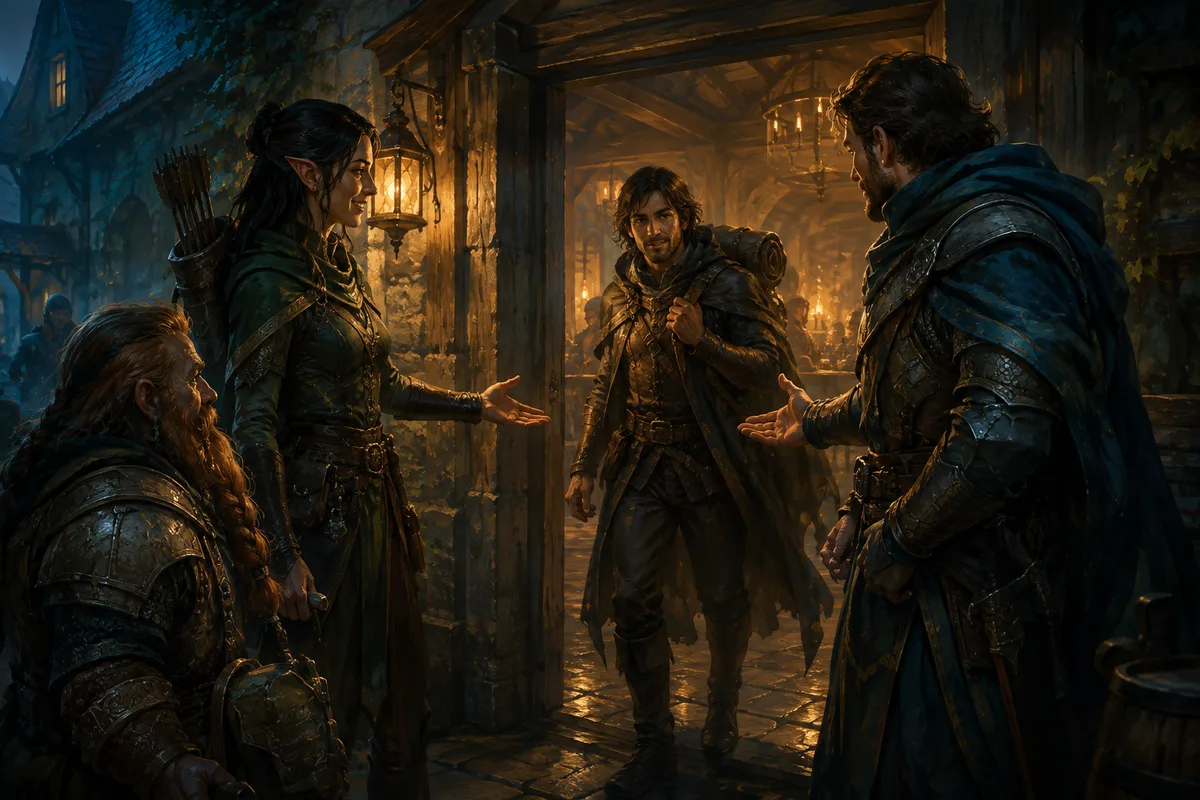 adventurers greeting a new companion at an inn doorway, welcoming exchange
