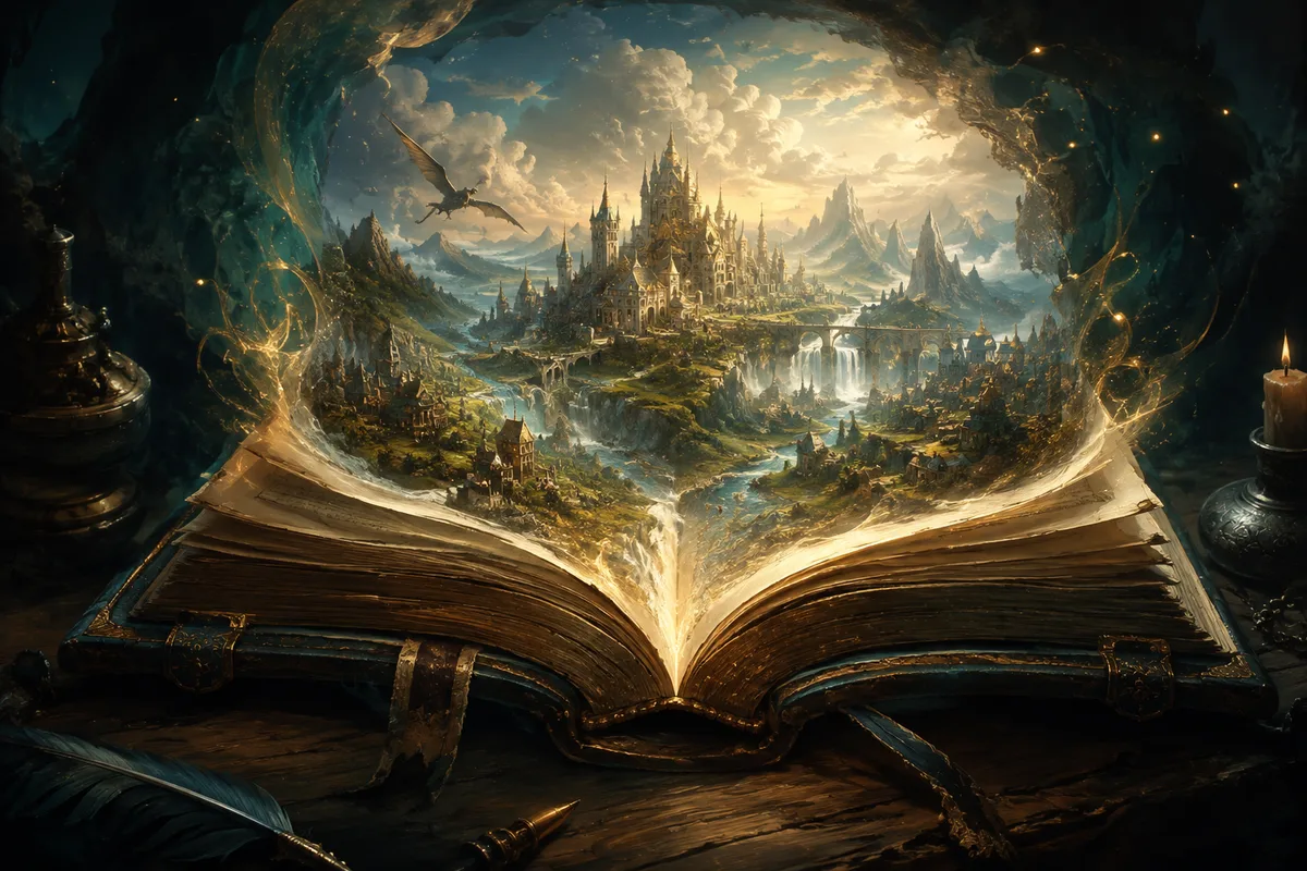a worn enchanted book opening to reveal a restored thriving fantasy kingdom