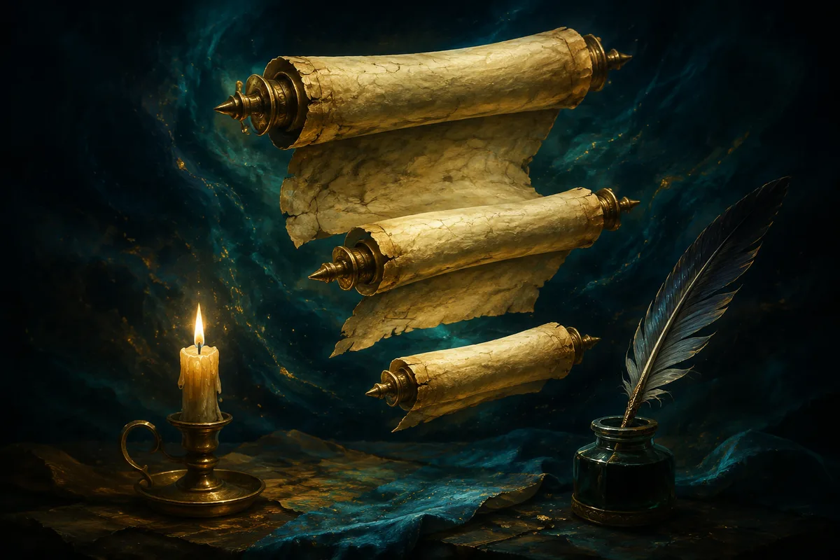three floating parchment scrolls of different lengths beside a quill and candle
