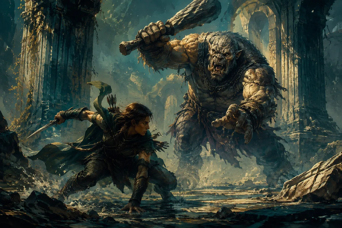 a nimble ranger dodging a troll strike among ruined pillars, dynamic balanced combat no gore