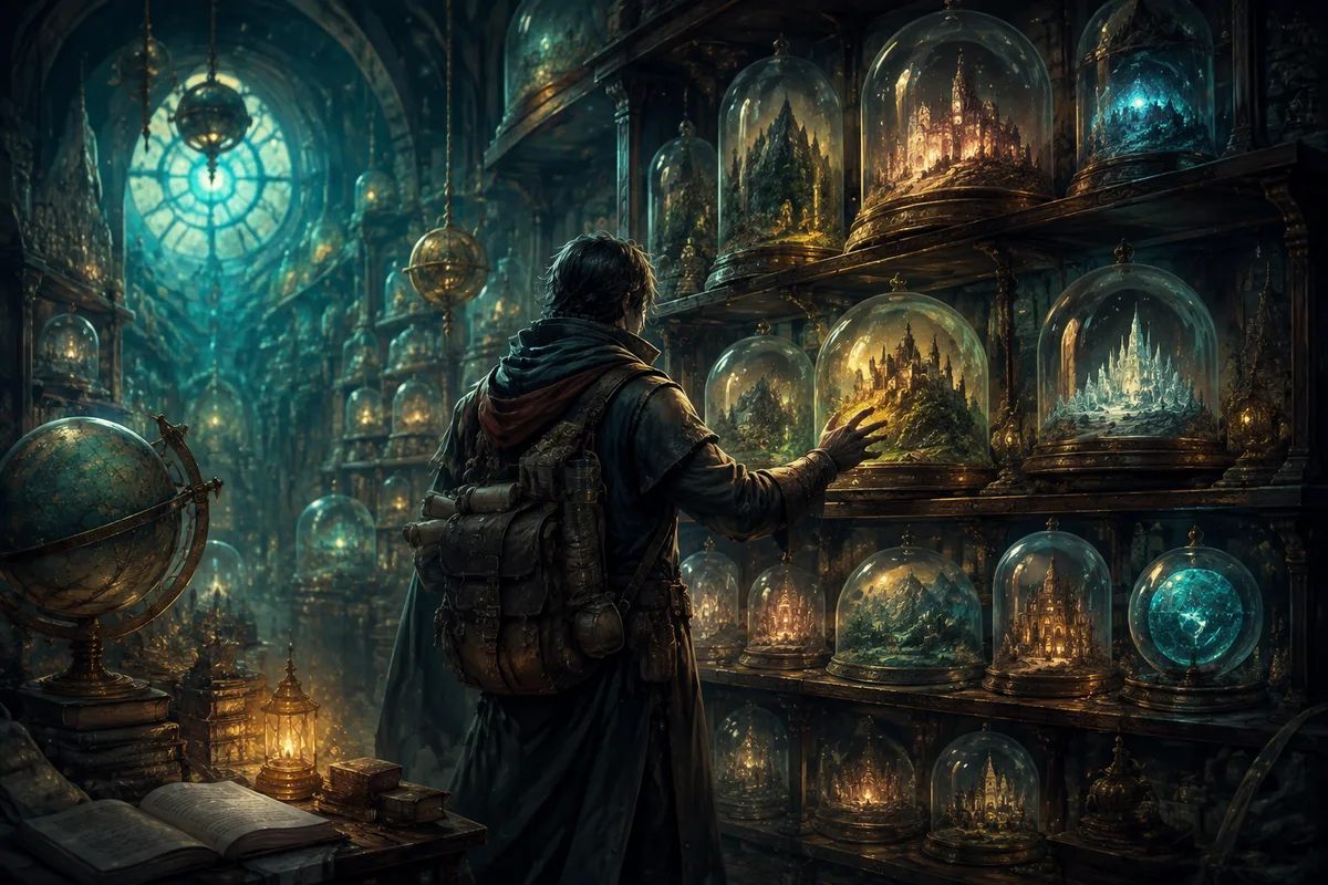 a traveler searching shelves of miniature worlds in a magical library