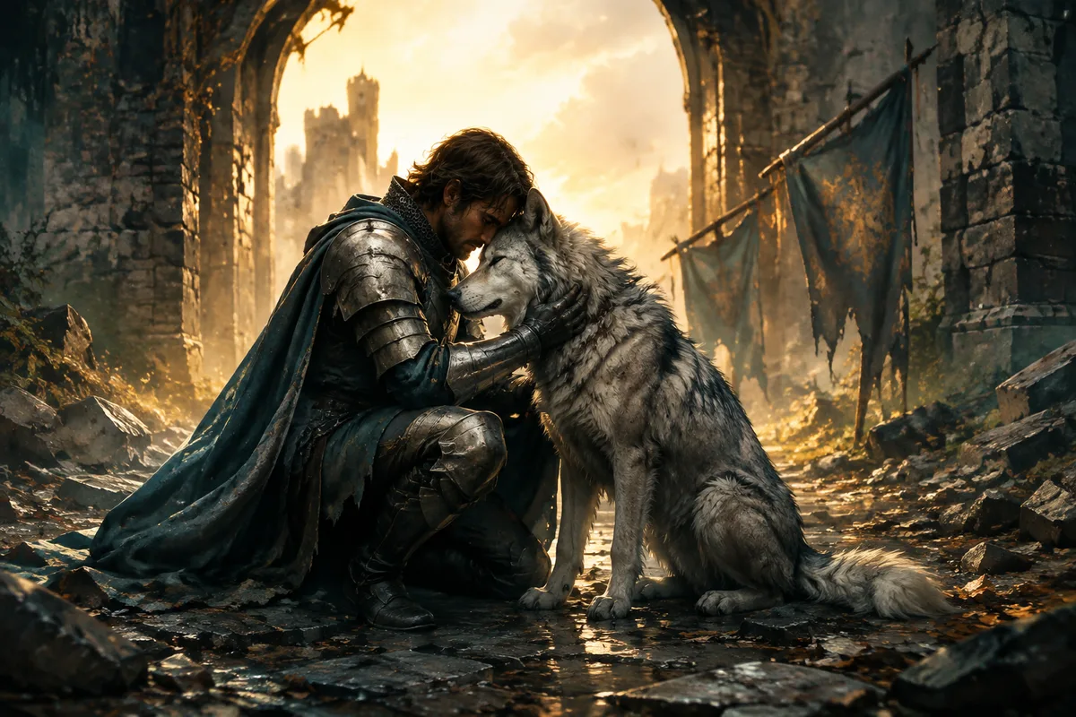 a knight reunited with a loyal silver wolf at a ruined gate, warm hopeful morning light