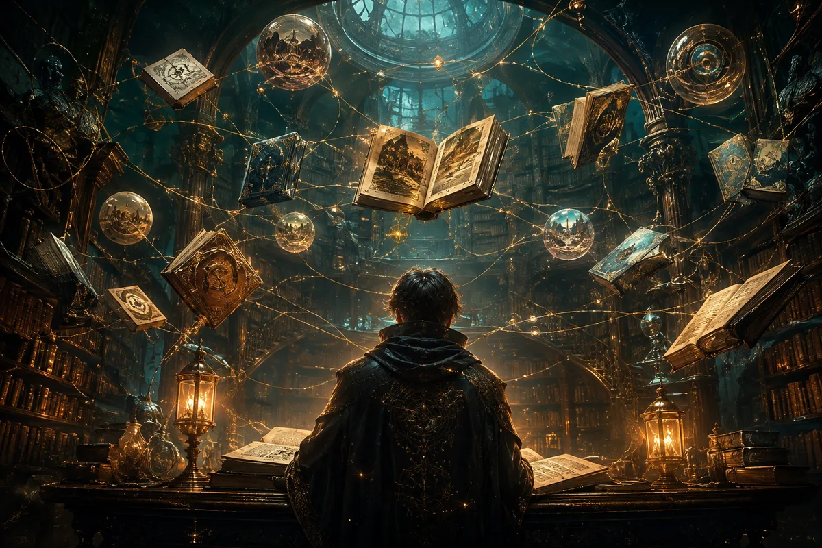 an enchanted library with threads of golden memory connecting floating storybooks