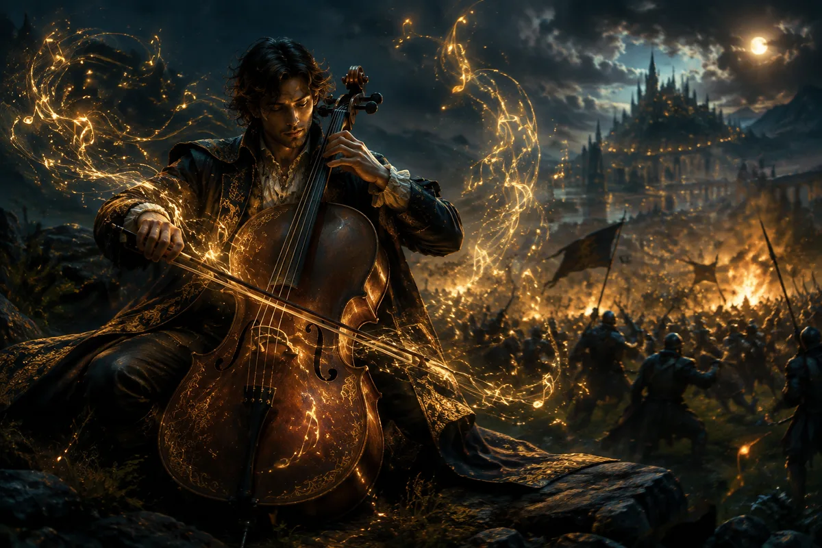 a bard playing a cello on the edge of a distant fantasy battle, golden musical light in the night air