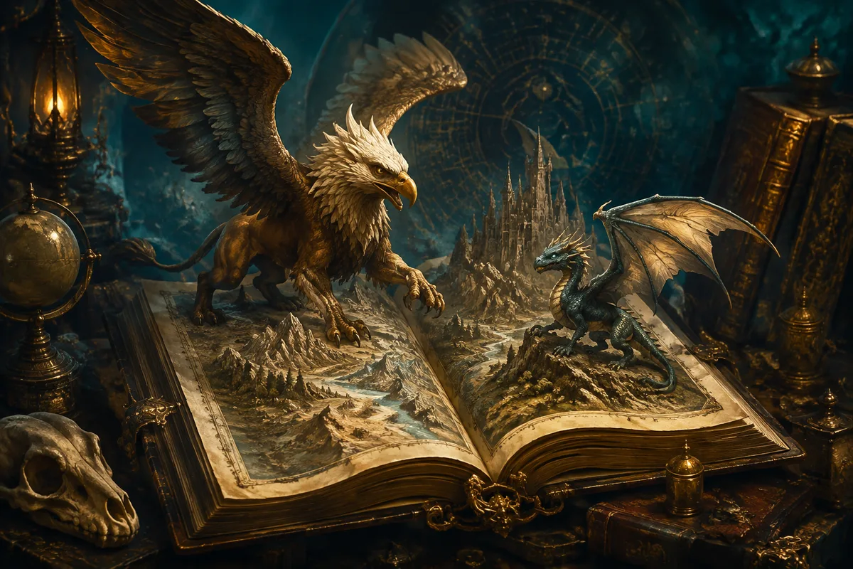 a grand bestiary open to magnificent living creatures including a griffin and a small dragon