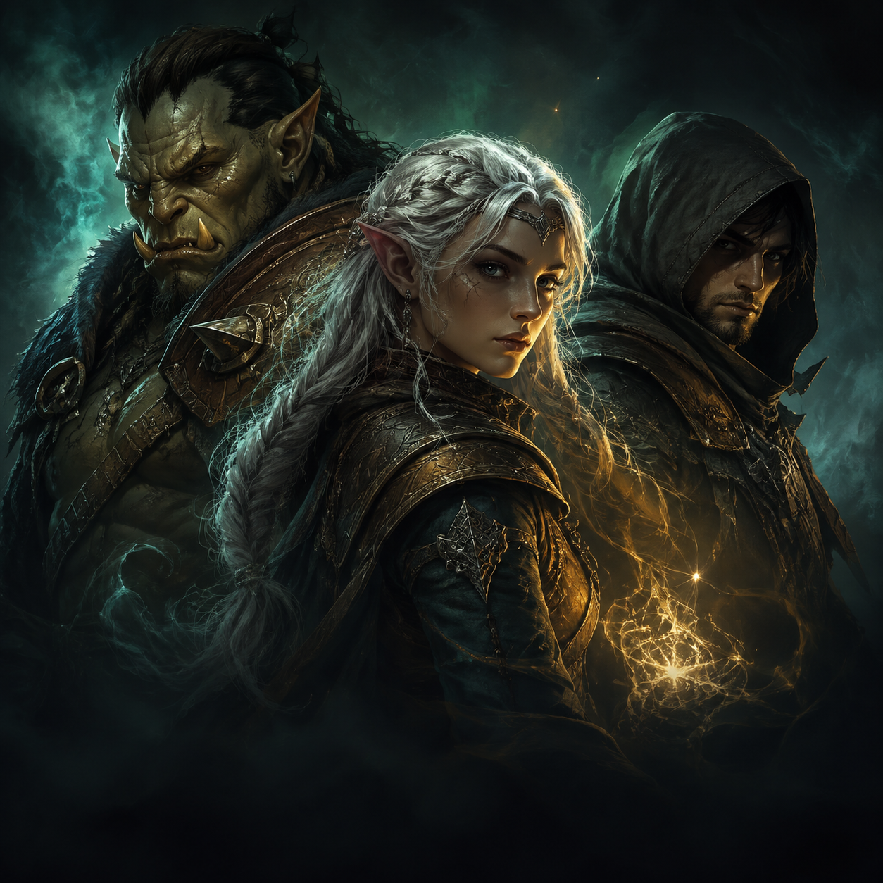 An elven spellblade, orc warrior, and hooded rogue — three possible heroes