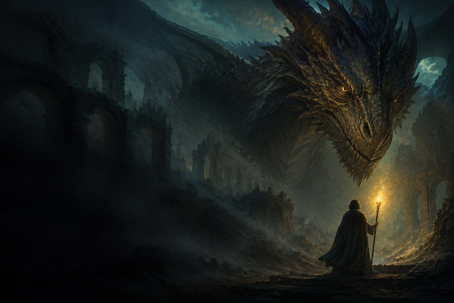 An adventurer faces an ancient dragon among misty ruins
